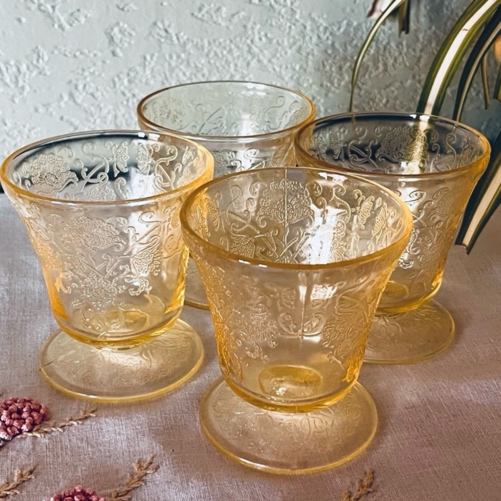 Vintage Federal Glass Madrid Amber Sherbet Cups Set 4 Depression Dessert Glasses